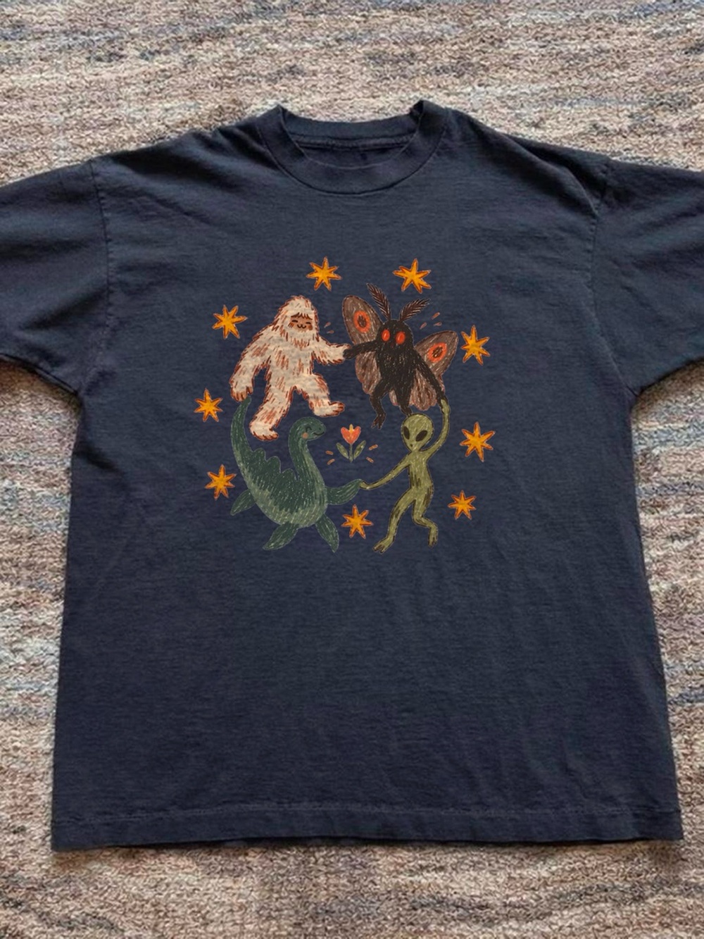 Weirdcore Cryptids Mothman Alien UFO Folk Art Black T-Shirt